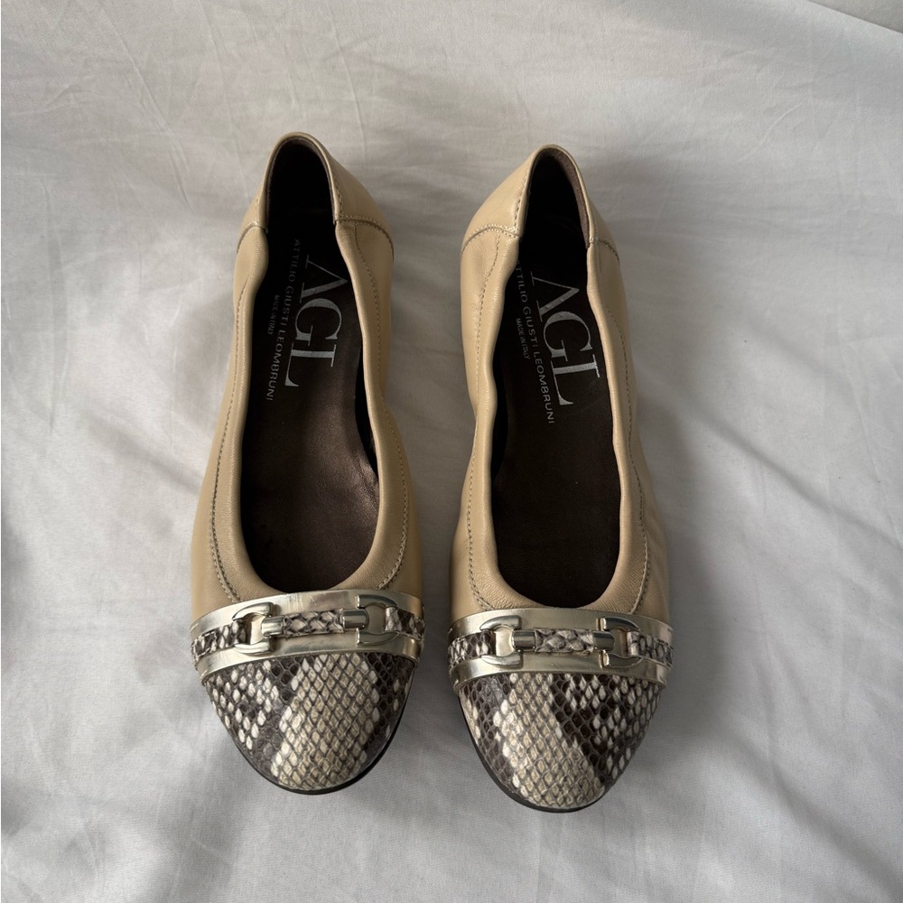 AGL Tan Leather Flats Featuring Snake Print Cap Toe & Silver Tone Hardware